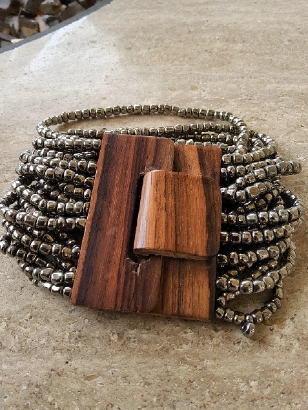 Multi-Strand Silver Bead Bracelet with Wooden Clasp